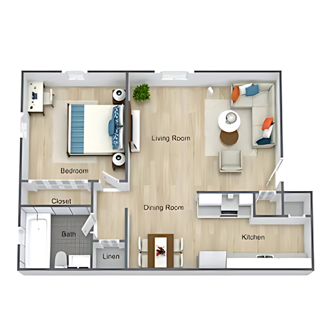 Floor plan for 1 bed, 1 bath, 708 sqft